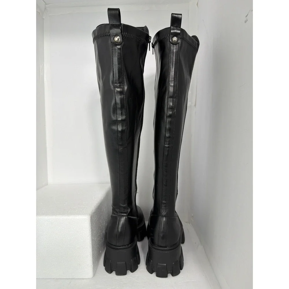 Nasty Gal Black Faux Leather Chunky Platform Over The Knee Lug Sole Boots Size 8